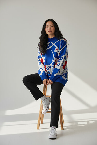 NEWCO Pulover tricotat cu textura moale, cu tematică florală, mărime standard supradimensionat