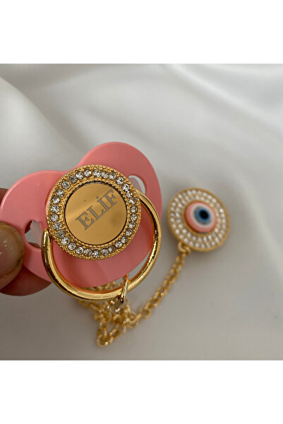 tiny wood Altın Kaplama Nazar Boncuklu İsimli Emzik Zinciri Seti – Kişiye Özel Zirkon Taşlı Bebek Emziği