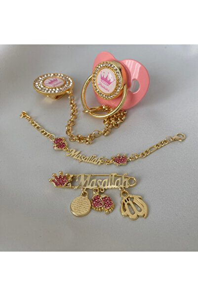 tiny wood Altın Kaplama Zirkon Taşlı Emzik Seti – Maşallah İğnesi & Bebek Künyesi Dahil
