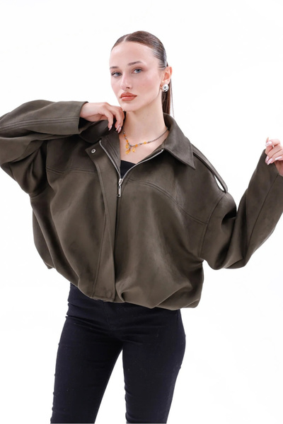 happinice Oversize Bomber Süet Ceket Haki