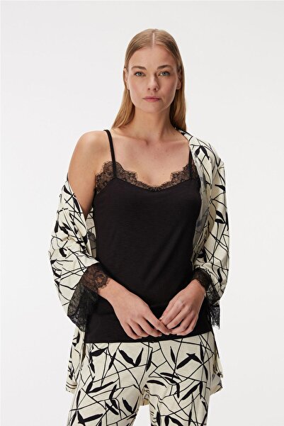 Anıl Women's Pajama Set with Lace Detail on Sleeves and Rope Strap, 3 Pieces