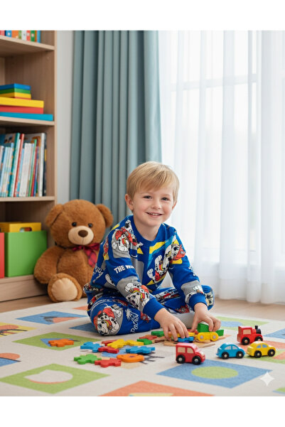 Arya Nisa Kids Erkek Çocuk 2 Iplikli Full Pamuklu Kumaş Paw Patrol Karakterli Mavi Uzun Kollu Eşofman Pijama Takımı