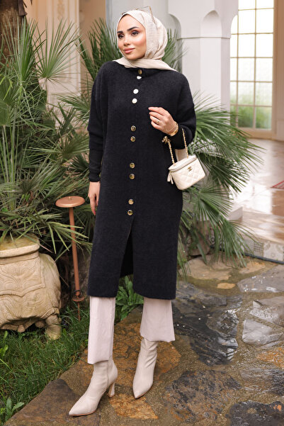 İmajButik Black Buttoned Angora Soft Knit Cardigan