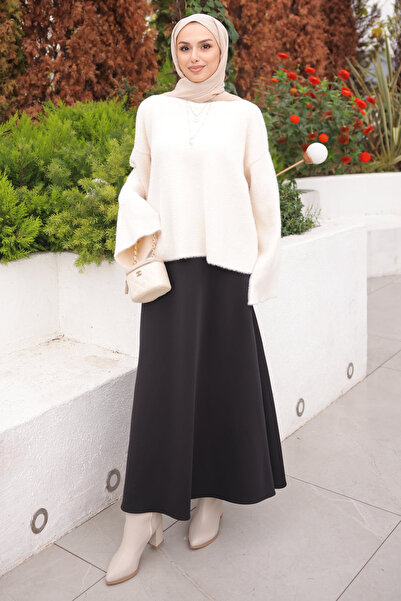 İmajButik Cream Crew Neck Oversize Angora Soft Knit Sweater