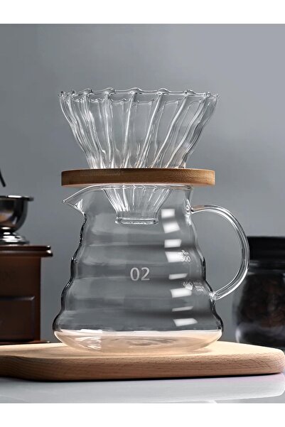 LUXURY V60 Server 02 Coffee Drip Set 500ml with Glass Funnel 02, Wooden Base, and 40 Filters/Filter Papers