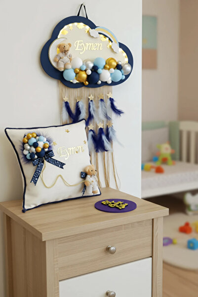 BL Baby Lüks Bubble Ledli Bulut Bebek Kapı Süsü Ve Yastık Lacivert Kenar Krem Zemin