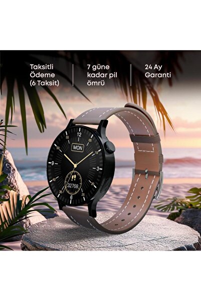 FRO Lw-38v Kompakt Şık Akıllı Saat Siyah Kasa Kahverengi Kordon Sesli Görüşme Özellikli