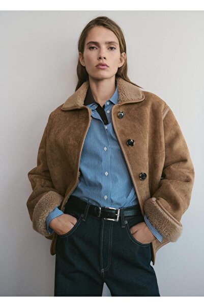 MANGO Woman Suni kürklü deri görünümlü palto