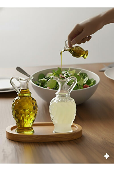 BÜYÜLÜ HOME Ahşap Stantlı 2 Li 100 ml Cam Sofra Icin Sirke Limon Zeytinyağı S...