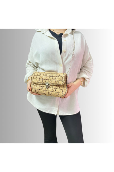 belincia Geantă de damă din pânză tricotată manual, hârtie rafie, cu lanț cu ...