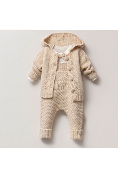 Nipperland 8163N Bebek Triko Örgülü Hırkalı 3'lü Naturel Yün Salopet Takım