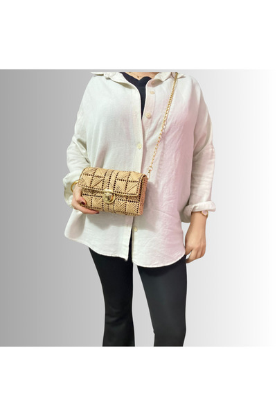 belincia Geantă de pânză tricotată manual pentru femei, cu curea din lanț cu ...