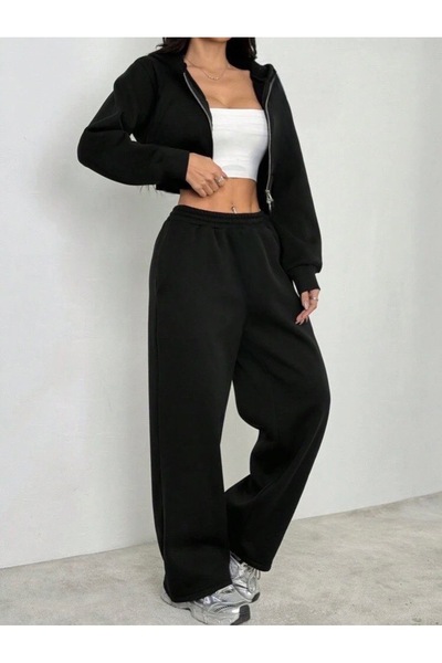 DEZZİİ Μαύρο Crop Sweat Cardigan και φαρδιά φόρμα με φαρδιά πόδια