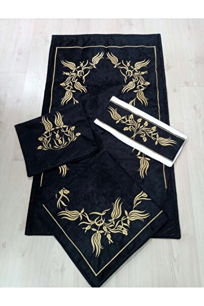 Tasarım Lüks Kadife İşlemeli Seccade Takımı – Siyah Üzerine Altın Renk Nakışlı