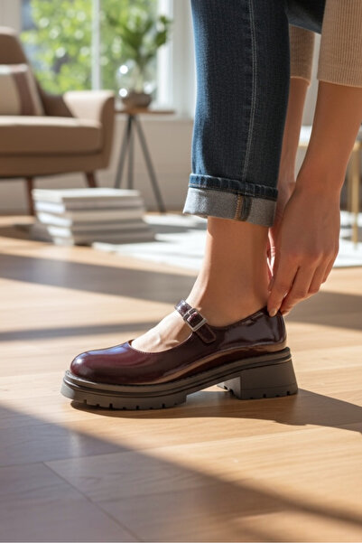 TUNAELLİ Women's Burgundy Patent Leather Genuine Natural Leather Size 36-41 Buckle Thick Heel Mary Jane Shoes