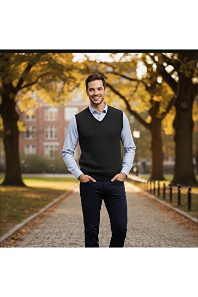 güncüoğlu Men's Steel Knitted Sweater with Patterned Front and V-Neck