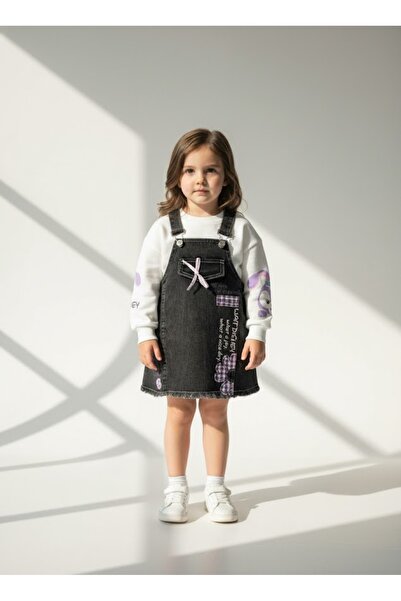 KUMRUNUN DÜNYASI Kız Çocuk Desenli Mevsimlik Kot Salopet Tulum Mor Tavşan Det...