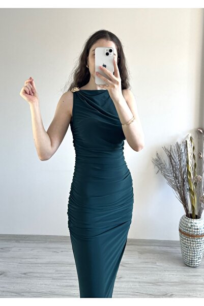 Aspendia KADIN OMUZ TOKA DETAYLI DRAPELİ ELBİSE