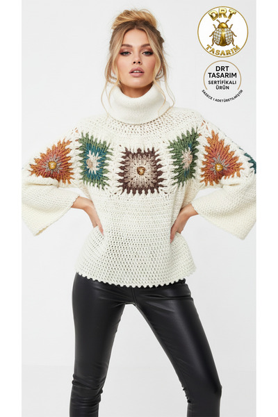 drt tasarım Winter Combination Turtleneck Boho High-Neck Sweater