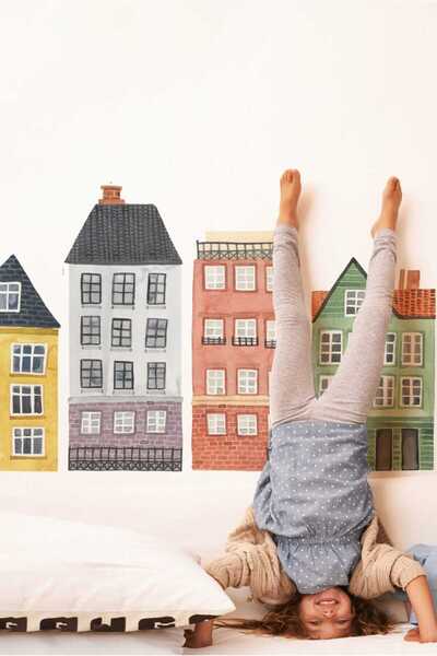TUGİBU Children's Room Wall Sticker Set, Boho Home Watercolor Home Nordic Themed, Colorful Houses Sticker Set