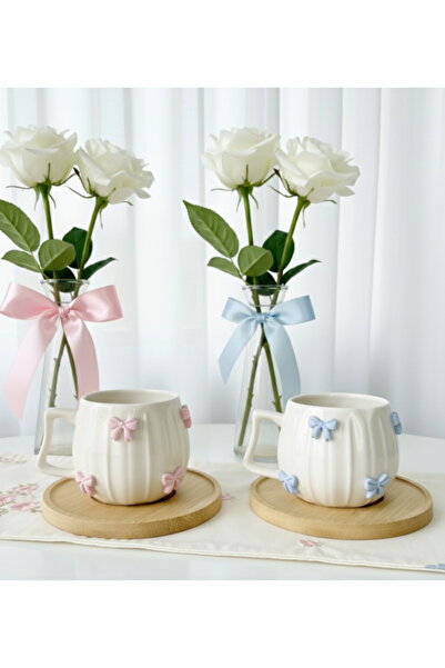 Niveis Kişiye Özel El Yapımı Tasarım Pembe Kurdele Detaylı Hediyelik Porselen Fincan