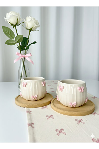 Niveis Kişiye Özel El Yapımı Tasarım Pembe Kurdele Detaylı Hediyelik Porselen Fincan