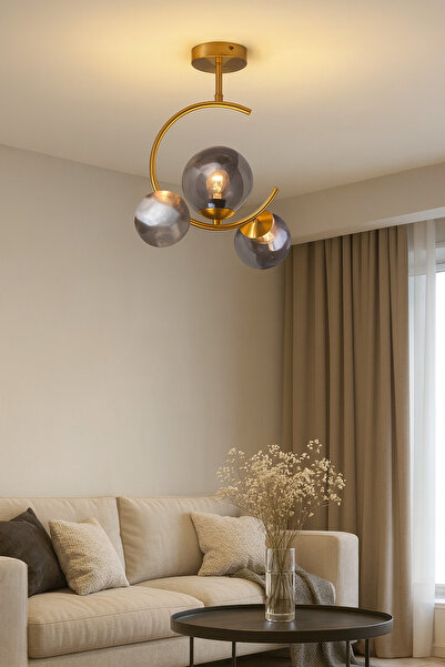 Uçar Atina Modern Gold Kasa Füme Kapalı Ithal Camlı Üçlü Avize