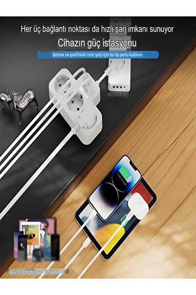 DEANB 3680W 3’lü Priz Çoklayıcı | Alman Akım Korumalı Saf Bakır | 1xUSB + 2xType-C, 1050J, 3.4A