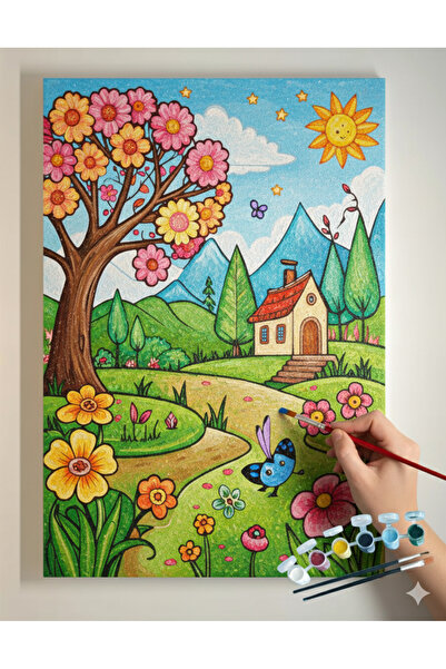 dudugift 25x35 Resimli Tuval Çocuk Boyama Seti- EV VE BAHÇE renk akrilik boya...