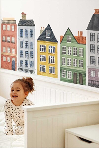 TUGİBU Children's Room Wall Sticker Set, Boho Home Watercolor Home Nordic Themed, Colorful Houses Sticker Set