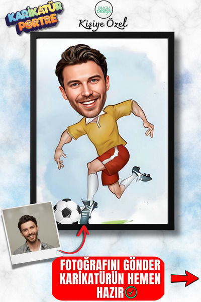 Bugucreative Kişiye Özel Futbol Karikatürü Çerçeveli Poster Tablo,Hediyelik Karikatür,Kişiye Özel Karikatür Tablo