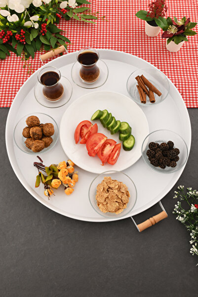AKSESUAR EVRENİ London 57 cm White Presentation Metal Serving Tray Set Breakfast Wooden Handle Treat Tray
