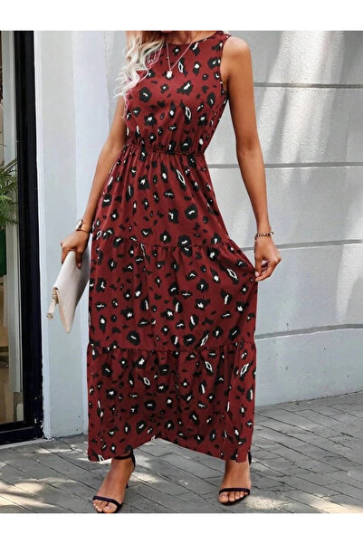 HanZone Women's Sleeveless Crew Neck Elastic Waist Patterned Single Jersey Dress