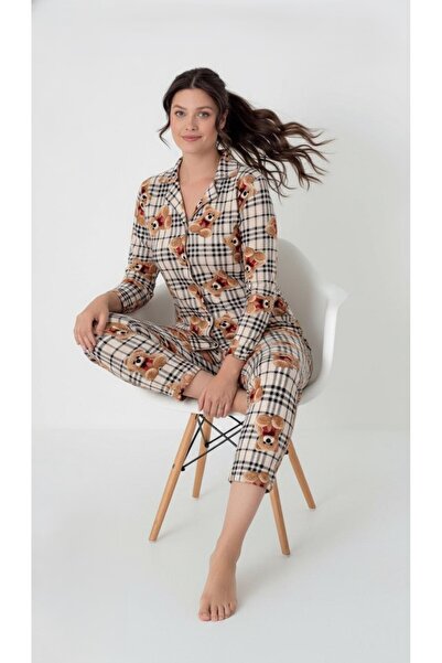 Moda Banuş Plaid Bear Shirt Collar Suede Pajama Set