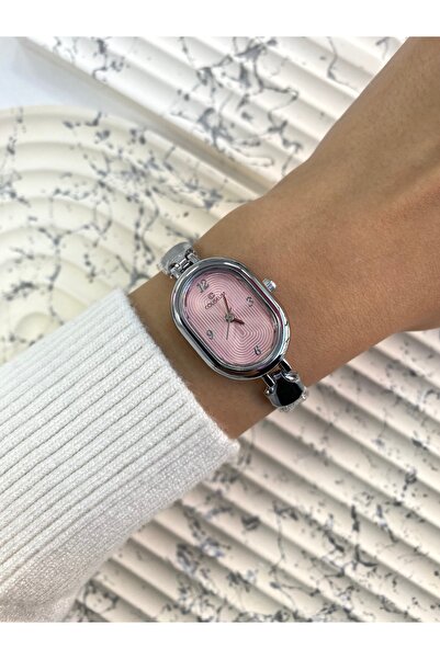 Mazzy Vintage Oval Silver Inside Pink Women Wrist Watch
