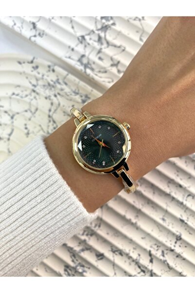 Coliseum Women's Green Gold Wristwatch with Round Tiny Stone Detail Inside