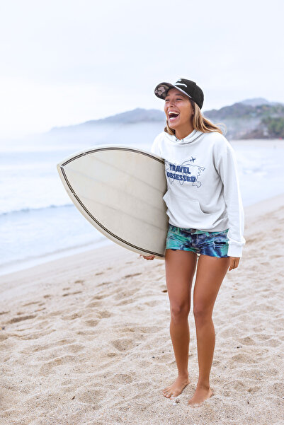 Le'sluette shadow of style Kadın Travel Obsessed Baskılı Relaxed Karyoka Dikişli Kapüşonlu Sweatshirt Haki