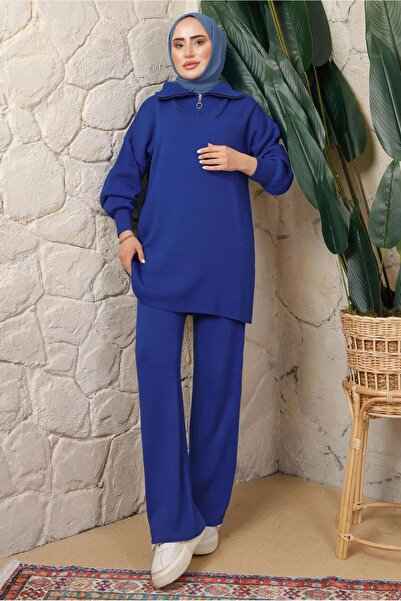 TRENDTESETTÜR KADIN LACİVERT (SAKS) FERMUAR YAKA PANTOLONLU TRİKO TAKIM T 4208