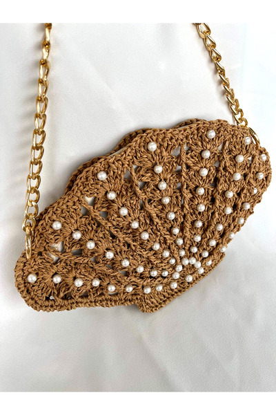DNA MODA Brown Pearlized Mussel Bag / Pearlized Oyster Bag / Pearlized Straw Bag / Straw Hand Knitted Bag
