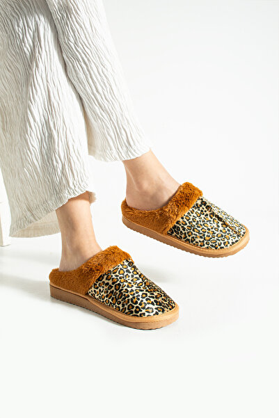 Moda Devrin Papuci de iarnă cu blană de leopard Papuci de casă