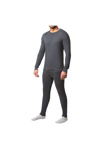 Drosh Drosh Men's Winter Pajamas - 2 Pieces, Long-Sleeved T-Shirt + Pants - Grey Cotton - Comfortable and Warm - Size - S