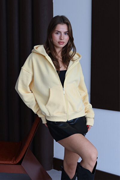 Balenbi Women's 3 Thread Fleece Lined Hooded Oversize Sweat Cardigan 1110