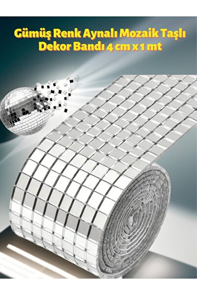MEDUSHOP 1 Metre Uzunluğunda Gümüş Renk Aynalı Mozaik Taşlı Dekor Bandı 4 cm x 1 mt Şerit Bant Gümüş