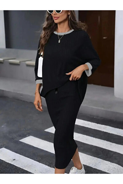 ARONA Women's Long Sleeve Open Collar Ruffled Camisole Blouse and Skirt Lace-Up Two-Piece Set