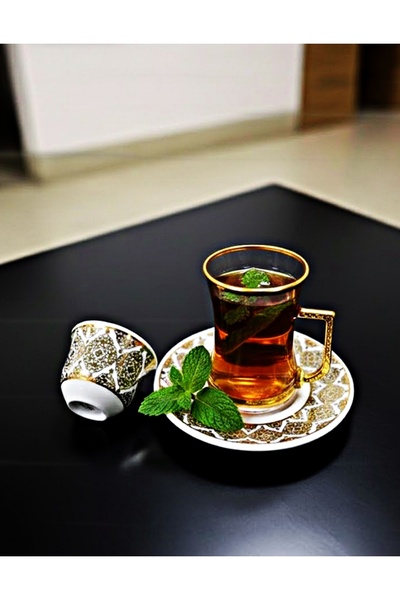 DECOSTYLE Heybeli Gold Dekorlu 18 Parça Çay & Kahve/Mırra Takımı – Porselen T...