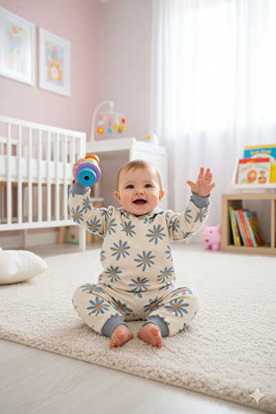 Julayla Papatya Desenli Kapşonlu Bebek Alt Üst Takım