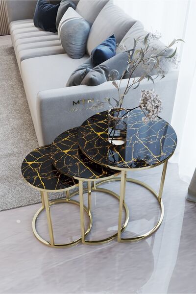 Nies Aksesuar Armoni 3'lü Zigon Sehpa Gold Kaplamalı Temperli Cam