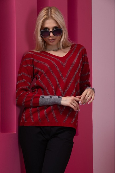 Clothes Fast Burgundy Striped V-Neck Women's Sweater