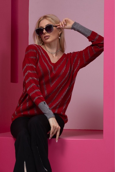 Clothes Fast Burgundy Striped V-Neck Women's Sweater