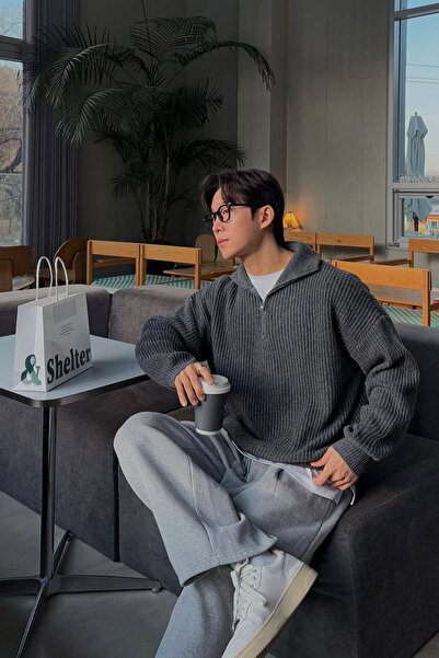 COOL TARZ Füme Erkek Oversize Fermuarlı Balıkçı Triko Kazak